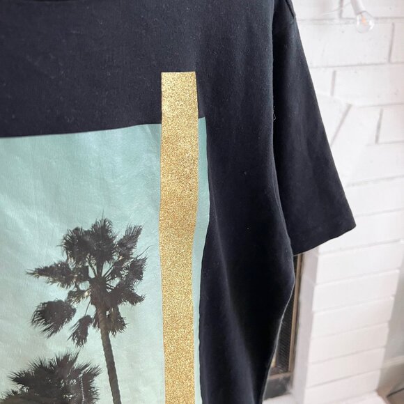 Palm Angels Palm Tree Photo Gold Glittery Stripes Black Tshirt - Picture 3 of 6